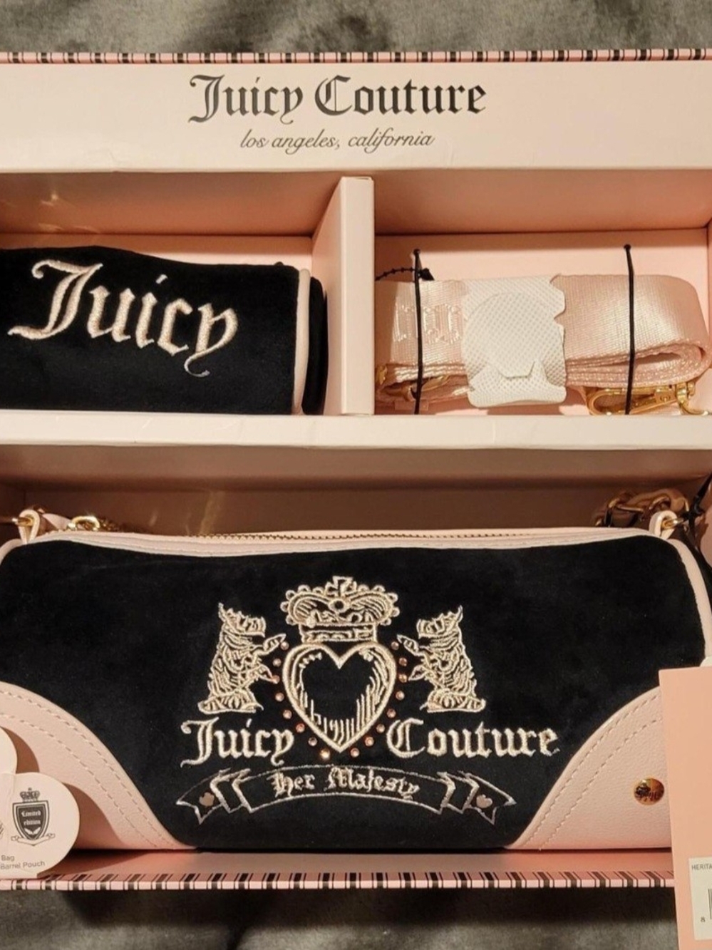 Juicy Couture 3pcs Barrel Bag Set New In Box. Crossbody Bag. Black And Pink